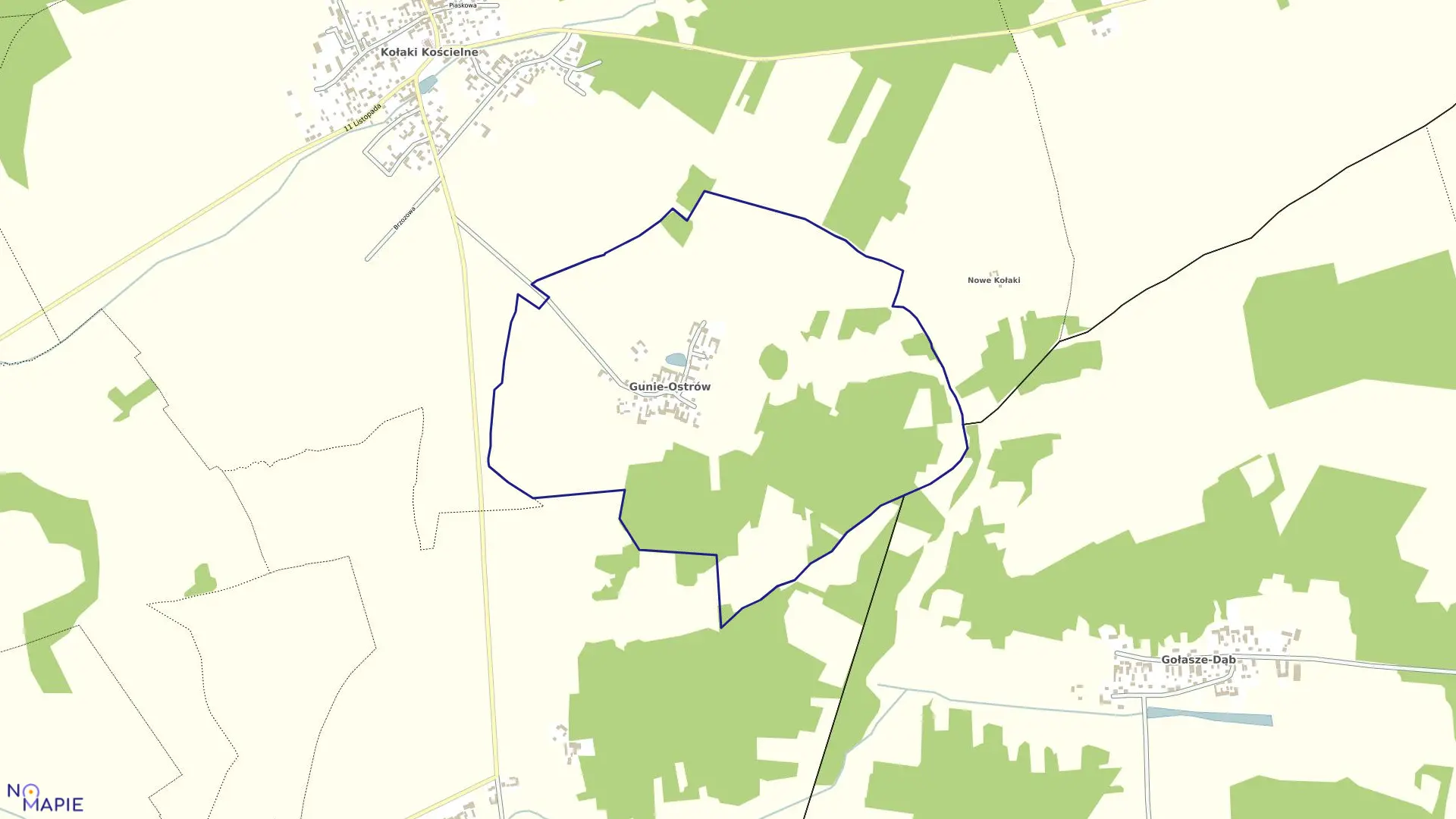 Mapa obrębu GUNIE OSTRÓW w gminie Kołaki Kościelne