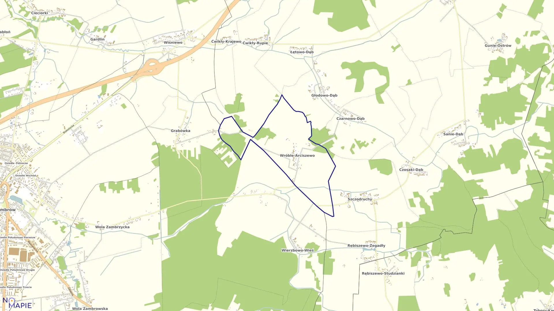 Mapa obrębu WRÓBLE ARCISZEWO w gminie Kołaki Kościelne